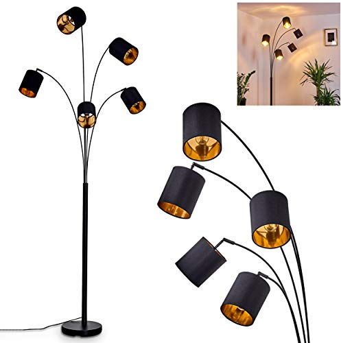 Stehlampe Bhutan, Stehleuchte aus Metall/Stoff in Schwarz/Gold, 5-flammig, 5 x E14-Fassung, moderne Leuchte m. verstellbaren Leuchtenköpfen und Fußschalter am Kabel, ohne Leuchtmittel