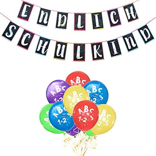 Oblique Unique® Schuleinführung Schulanfang Einschulung Deko Set für Jungs und Mädchen - Endlich Schulkind Girlande + ABC 1+2=3 Luftballons im Farbmix