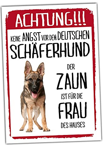 Deutscher Schäferhund Dog Schild Achtung Zaun Frau Spruch Türschild Hundeschild Warnschild Geschenkidee lustiger Spruch Hundemotiv Aluminium Wetterfestes Hundeschild