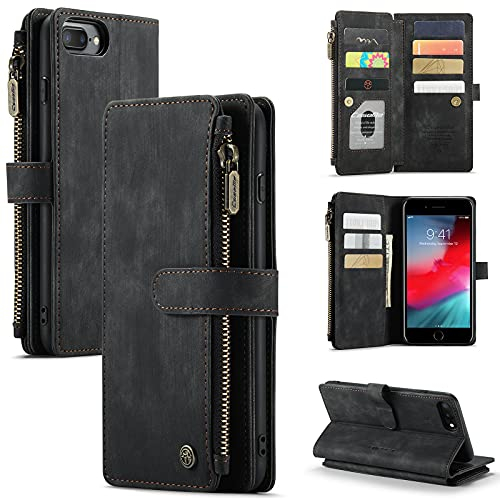 UEEBAI Handyhülle für iPhone 7 Plus iPhone 8 Plus, Retro Reißverschluss Hülle PU Leder Weich Klapphülle Magnetverschluss Kartenfach Standfunktion Geldbörse Schutzhülle - Schwarz