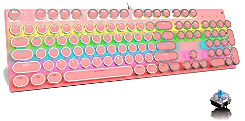 Ltvystore Gaming Keyboard, Retro Punk Typewriter Style, Mechanical Keyboard Blue Switch with 9 True RGB Backlight Modes, Gaming and Office use, Stylish Pink Mechanical (Round keycap) (104 Key Pink)