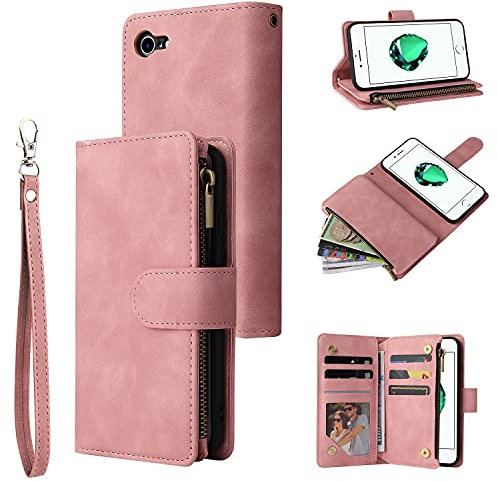 UEEBAI Wallet Case for iPhone 7/8/SE 2022 5G/SE 2020, Premium PU Leather Magnetic Handbag Zipper Case Kickstand Card Slots Wrist Strap Flip Cover for iPhone SE3/SE2 - Pink