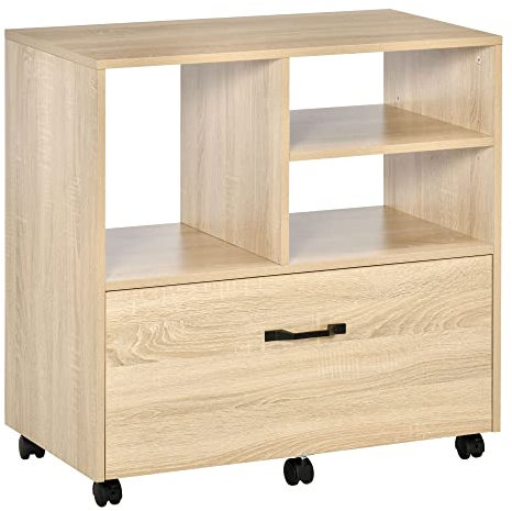 Vinsetto Mobile Multiuso per Ufficio in Legno, Cassettiera con Ruote Porta Stampante con 5 Ruote, Cassetto e Ripiano Regolabile, 77x40x73cm, Legno