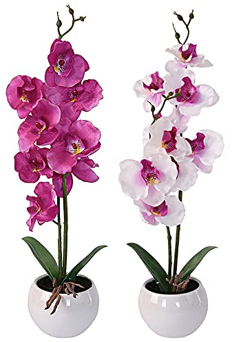 Murago - 2er Set Künstliche Orchidee im Keramik Topf ca.39cm - Kunstblumen Kunstpflanzen Orchideen Innendekoration Muttertag Lila & Weiß