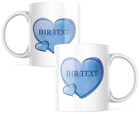 STEMPEL-FABRIK Keramiktasse mit personalisiertem Aufdruck - Motiv Herz Blau - Kaffeetasse - Kaffeebecher - Bedruckte Tasse - Cup - Geschenkidee zum Valentinstag und Geburtstag