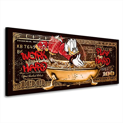 Kunstgestalten24 Dagobert Dollar Leinwandbild Work Hard Style – Lustiges Wandbild auf Leinwand mit Echtholz-Keilrahmen – Comic Pop Art für moderne Räume | 50x20x2cm