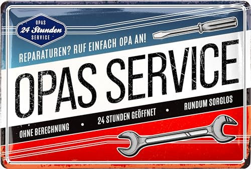 LANOLU Retro Blechschild OPAS SERVICE - Schild Werkstatt OPA - Geburtstagsgeschenk oder Vatertagsgeschenk Schild für Opas - lustige retro Deko mit Spruch - vintage Metallschild, 20x30 cm
