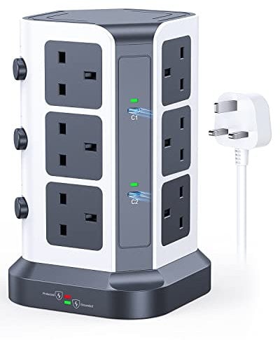 KOOSLA [65W] PD Tower Extension Lead Surge Protection, Multi Plug Extension with 12 Widely Spaced AC Outlets / 2 USB-C / 3 USB-A Ports, 2M Heavy-Duty Extension Cord for Home Office