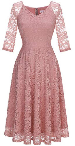 Dressystar Robe de Soirée Cocktail Femme Midi Dentelle Manche Longue sous Genou Robe de Mariage Invitée Col en V Glamour et Chic Blush XXXL