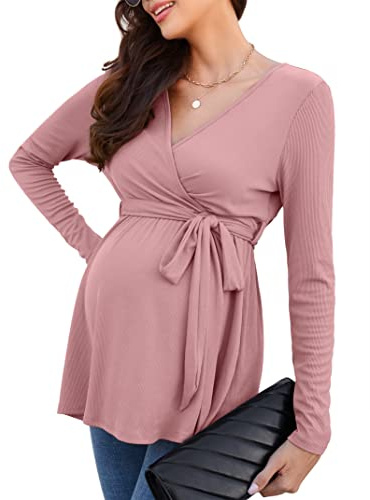 KOJOOIN Camicia da Allattamento da Donna Camicia Premaman con Scollo a V a Maniche Lunghe Top da Allattamento con Cintura Moda Premaman Rosa (Manica Lunga) L