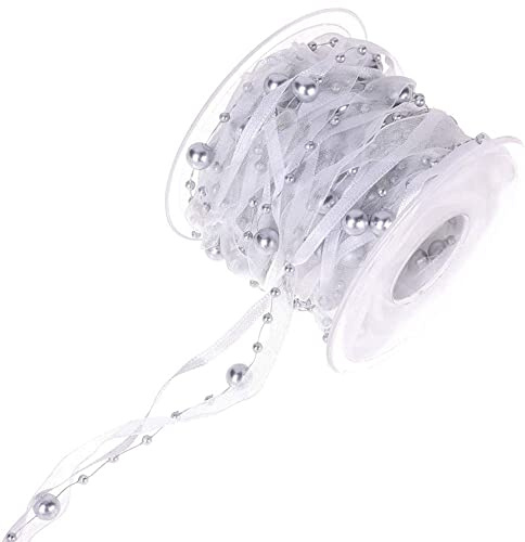 LUMoony 10M Perlengirlande mit Organza Perlengirlande Perlenkette Perlenschnur Geschenkband Schleifenband mit Perlen Deko Hochzeit Dekoband für Hochzeit Weihnachten Taufe Geburtstagsgeschenke