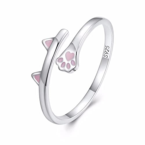 Qings Katze Verstellbarer Ring für Damen, 925 Sterling Silber Offener Tiere Ringe Rosa Emaille Stapelbare Mode Ring Schmuck Geschenk für Frauen Mädchen