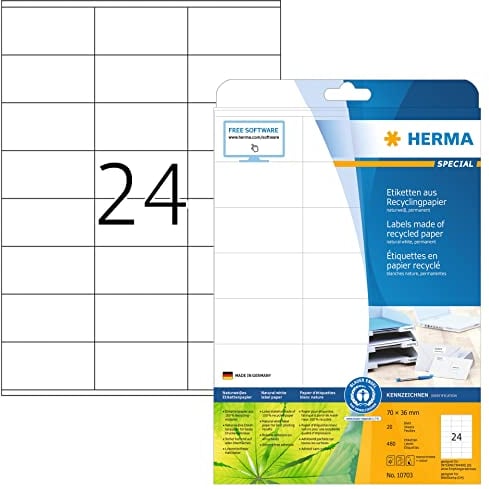 HERMA 10703 Recycling Etiketten, 20 Blatt, 70 x 36 mm, 24 pro A4 Bogen, 480 Stück, selbstklebend, bedruckbar, matt, blanko Recycling-Papier Klebeetiketten Aufkleber, natur-weiß