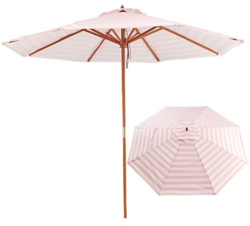 XIAOYUE Ø270cm Sonnenschirm Holz, Rosa-weiß Gestreifter Strandschirm Gartenschirm, Großer Terrassenschirm, 8 Rippen, für Terrasse und Balkon