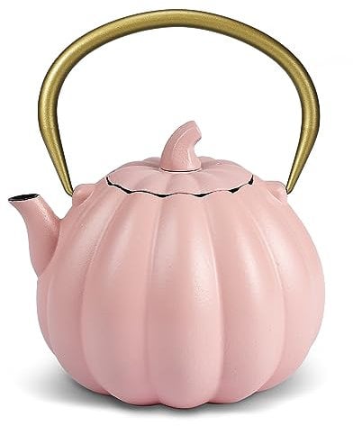 Pink Pumpkin Cast Iron Teapot with Infuser(40oz/1200ml), Tea Kettle for Stove Top, Enamel Coated Insulation, Cute Japanese Tetsubin (Pink)