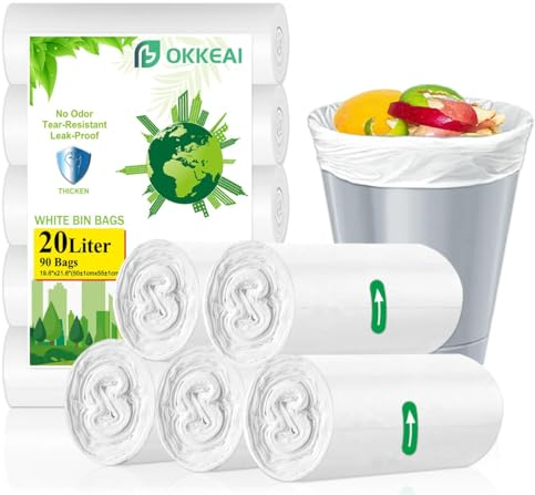 OKKEAI 20l Bin Bags Pedal Bin Liners White Rubbish Bags Strong Plastic Trash Bags 90 Counts Small Garbage Bags For Kitchen,Office Fit 15L-25Liter Waste Bin