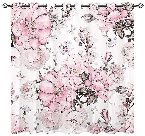 YUANZU Rosa Blumen Vorhänge Mädchen Aquarell Floral Rose Ösen Gardinen mit Blickdichte Vorhang Kälteschutz Blackout Curtain Wohnzimmer Schlafzimmer Verdunkelung Fenster, 2 Stück, H 245 x B 200 cm