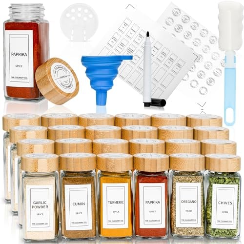 The Culinary Co. 24 PCS Bamboo Spice Jars Set: Glass Spice Jars with Lids and Labels, Sift and Pour Lids, Silicon Funnel, Marker Pen, Cleaning Brush - Perfect for Kitchen Organisers
