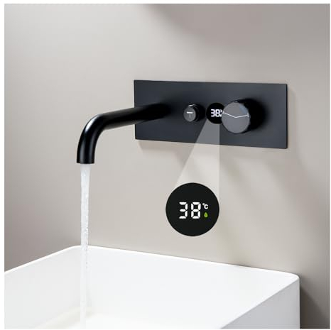 Waschtischarmatur Wandmontage Schwarz Digitale Anzeige Wasserhahn Bad Unterputz Waschtischarmaturen Wandarmatur aus Messing Mischbatterie Badewannenarmatur Waschbeckenarmatur Wasserhähne