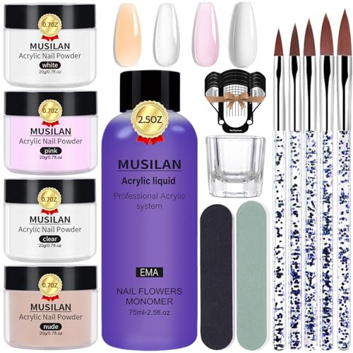MUSILAN Kit Complet Acrylique Ongles, 4PCS Poudre Acrylique pour Ongles et 75ml Liquide Acrylique, 5 Pinceaux + accessoires,Kit Professionnels Acrylique Nail Extension Convient Aux Débutants et Aux