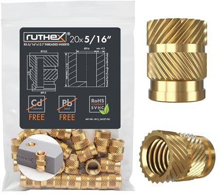 ruthex Gewindeeinsatz 5/16 UNC - 20 Stk. RX-5/16“-18-x12.7 BLEIFREIE Gewindebuchse aus Messing - stabile Einpressmutter - Einschmelzen von Gewindehülse in 3D-Druck-Teile aus Kunststoff