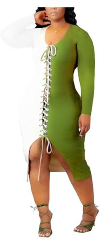 CUOREZ Colore Block Splicing Machine Eye Strap Long Skirt Vestito da donna, Verde militare, S