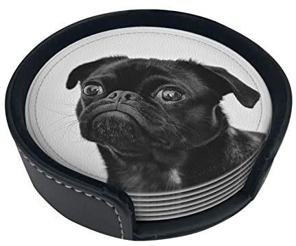 Untersetzer mit niedlichem Mops-Motiv für Getränke, 6 Stück, Leder-Untersetzer mit Halter, runde Tassenunterlage, Unterlage für Zuhause, Büro, Tischdekoration