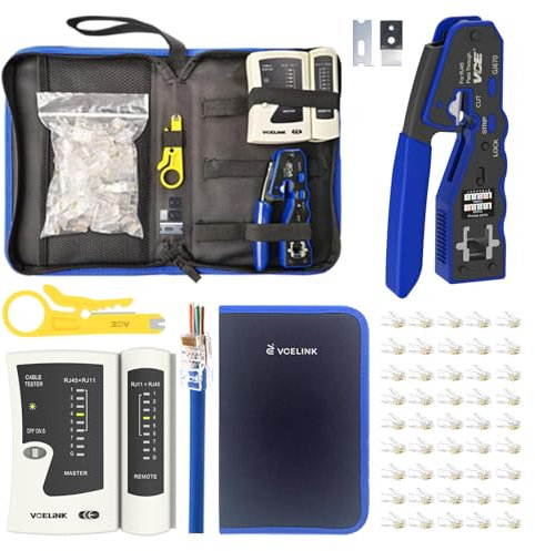 VCELINLK RJ45 Crimp Tool Kit, Ethernet Crimping Tool Set with 50PCS Cat6 RJ45 Pass Through Connectors, Network Cable Tester and Wire Stripper in a Cloth Bag