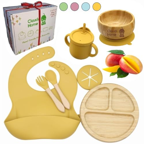 Conjunto de mesa para bebé. Babero de silicona, plato y bol de bambú natural, antibacterias con ventosa, cuchara y tenedor de silicona suave y blanda con mango de bambú. Caja de regalo. (Mango)