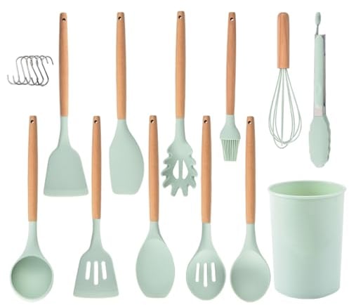 Kitchen Utensil Set 12 PCS Silicone Cooking Utensils Set with Wooden Handle, Heat Resistant, Nonstick Cookware Tongs Spatula Spoon Set Dishwasher Safe Best Kitchen Tools with Holder (Green)