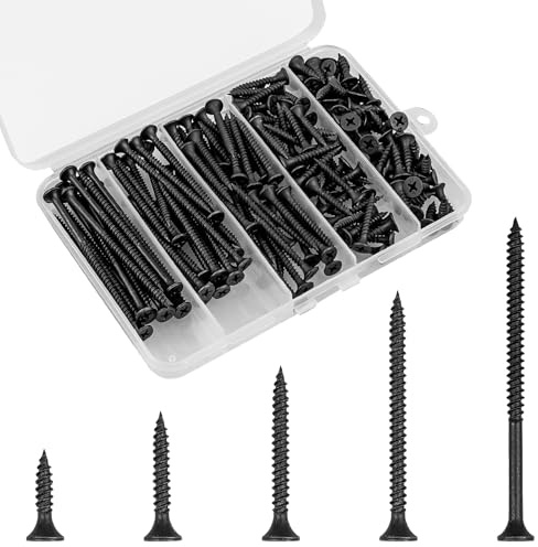 FVOLREM Wood Screws Assortment Kit, 168 PCS #6 Black Flat Head Phillips Self-Tapping Screws, High Hardness Carbon Steel, 5 Sizes (1/2, 1, 1-1/4, 2, 3) for Wood, Drywall, Slate