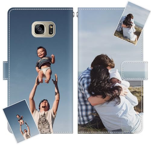 JGOYGYI Personalisierte Leder Handyhülle kompatibel mit Samsung Galaxy S7 Edge,Individuelle Eigenem Foto Bild Text Bildern Foldable Flip Klapphüllen Case hülle+Handykette