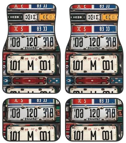 Universal-Fußmatten mit altem Nummernschild-Druck, 4-teiliges Set in klassischen Autoteppichmatten, Polyester-Automatten