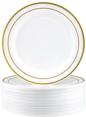MUKSEUT 50 Pieces Plastic Plates, 26cm / 10 Inch Reusable White and Gold Rimme Plates, Plastic Party Plate with Gold Rim, Dinner Dessert Plate for Parties, Weddings, Birthdays, Picnic, BBQ