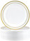 MUKSEUT 50 platos de plástico, platos de plástico reutilizables de 26 cm con borde dorado, platos de postre de plástico blanco para fiestas, bodas, cumpleaños, picnic, barbacoa
