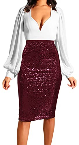 Damen Pailletten Rock Silber Midi, Bleistiftrock Knielang Kurz Glitzer Minirock Hohe Taille Sexy Wickelrock Skirt Glitzer Minirock Herbstrock Rock Cocktail Kleid Fur Rave Festival Party Karneval
