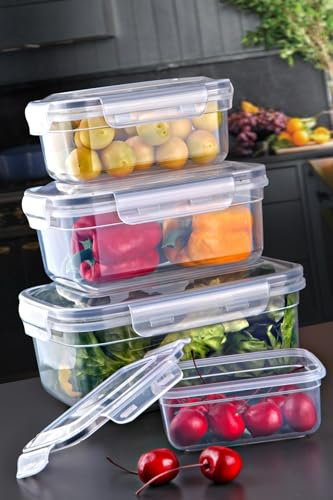 My Happy Home 4 Piece Set Rectangular Plastic Food Storage Containers with Locking Lids, Airtight, BPA Free, Leakproof Dish-Washer Safe, Food Grade Material - Stackable Space Saving Design
