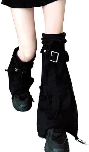 OhMill Gothic Y2K Baggy Punk Star Leg Warmers - Cute Denim Black