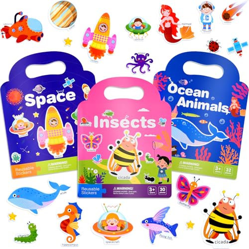 NEBURORA Wiederverwendbares Puffy-Stickerbuch für Kinder, 264 Stück Weltraum-, Ozean- und Insekten-Sticker, Flugzeug-Reisesticker für Kinder und Szenen-Sticker mit Lernspielzeug