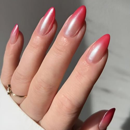 Chrome French False Nails Almond, SXVME Chrome Red Press On Nails Medium, Gradient Red Glazed Gel Fake Nails Press on, Cute Glitter Acrylic Nails Medium Stiletto, Stick on Nails for Women Daily Wear