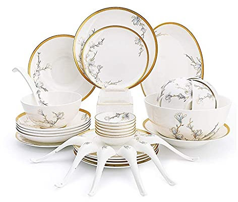 XFZJCHAP Vaisselle de Cuisine en céramique avec 36 pièces, Bol/Plat/cuillère | Ensembles de dîner, Ensemble combiné en Porcelaine à Motif de Fleurs de Magnolia