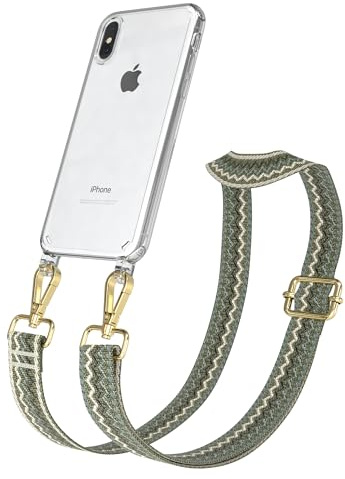 EAZY CASE Handykette - Verstellbares Taschenband kompatibel mit iPhone X/XS, Schulterriemen, Handykordel mit Silikon Hülle, Umhängetasche, Grün Beige Gold