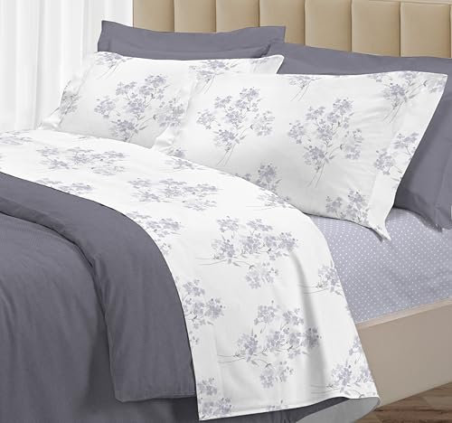 Riad Arredo Set Completo Letto 100% Cotone Percalle Italiano - Set Lenzuola Morbido Delicato Made in Italy (Fiore Grigio, Matrimoniale)