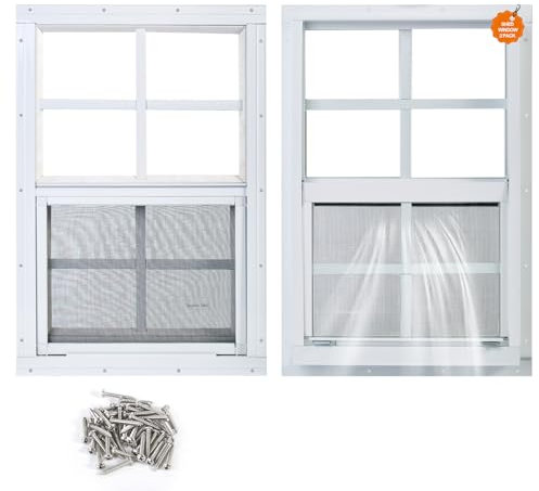 Kevirice Schuppenfenster, 2 Stück, 40,6 x 40,6 cm, weiß, bündig montiert, kleine Schiebefenster für den Haushalt, mit gehärtetem Glas und Fiberglas-Bildschirm für Schuppen, Hühnerstall, Spielhaus