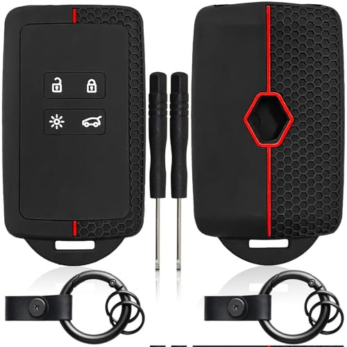2 STK Autoschlüssel Hülle kompatibel mit Renault 4-Tasten Smartkey Autoschlüssel(nur Keyless Go) mit 2 Schlüsselanhänger Silikon Schlüsselhülle für Clio/Espace 5/Master Bus/Talisman(Rote Linie)