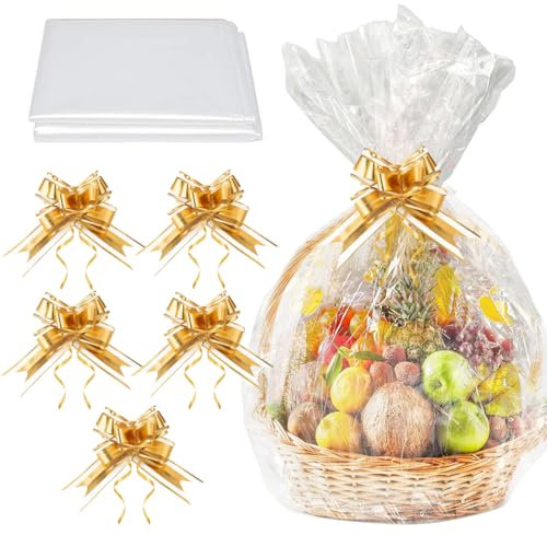 QEDBOJE Set di Sacchetti Grandi in Cellophane per Cesti Regalo, 5 Pezzi, Inclusi 5 Fiocchi e Lacci, Trasparenti per Confezioni e Bouquet Natalizi, Cellophane Trasparenti per Regali (50 x 70 cm)