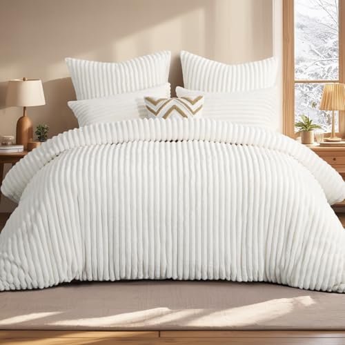 Aisbo Winter Warm bettwäsche 220x200 3teilig Weiß - Cord Flauschige Flanell Winterbettwäsche Plüsch Teddy Fleece Cashmere Touch Bettbezug und 2 Kissenbezüge 80x80 cm mit Reißverschluss