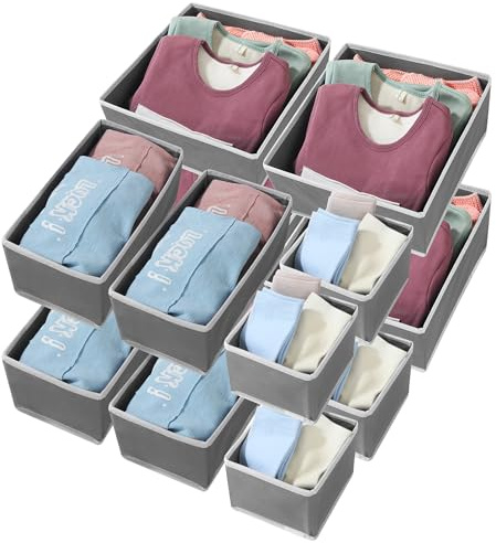 BUCOMTU 12er Set Schubladen Organizer, Aufbewahrungsbox Stoff, Ordnungssystem, Faltbare Schrank Organizer Kleiderschrank, Kleiderschrank Ordnungssystem für Babykleidung, Unterwäsche, Socken