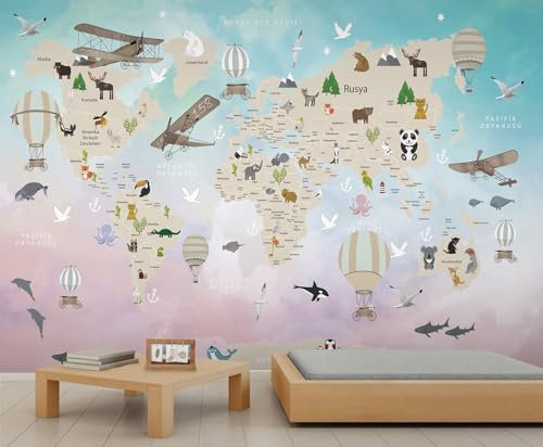 FACADUP Cartoon World Map Murals, Kids World Geography Wall Mural Wallpaper, Parachute Landmark Wallpaper for Bedroom Living Room 232x158cm Artwork Background Wall Stickers (Not Self-Adhesive)