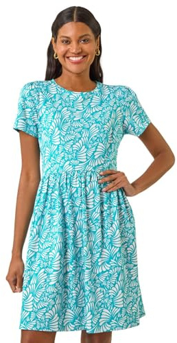 Roman Originals Abstract Print Jersey Dress for Women UK - Ladies Everyday Holiday Spring Summer Round Neckline Comfy Soft Evening Vacation Work Party - Aqua - Size 12